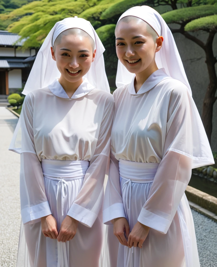 Two Japanese nuns having fun、The grounds of the nunnery、Lover、Shaved Head、Transparent robes