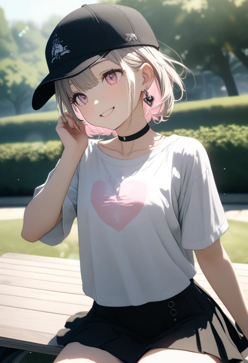 Very cute girl, ((She has several silver earrings in her ears. A stylish black baseball cap. black choker. A stylish and baggy T-shirt. mini skirt. Fashion like a dancer))、(Ash hair color、Light pink inner color hairstyle、short hair、Hair expressed with a delicate touch), Beautiful Hair, Facial Contour, Remember, Wide park bench, splash, Lens flare、sunlight、illumination、Natural Color, High resolution, Very delicate, Very detailed, 8k,(Breast size around B cup)、Shyness,((Sexual)),((A naughty feeling)),smile、Chest to face angle