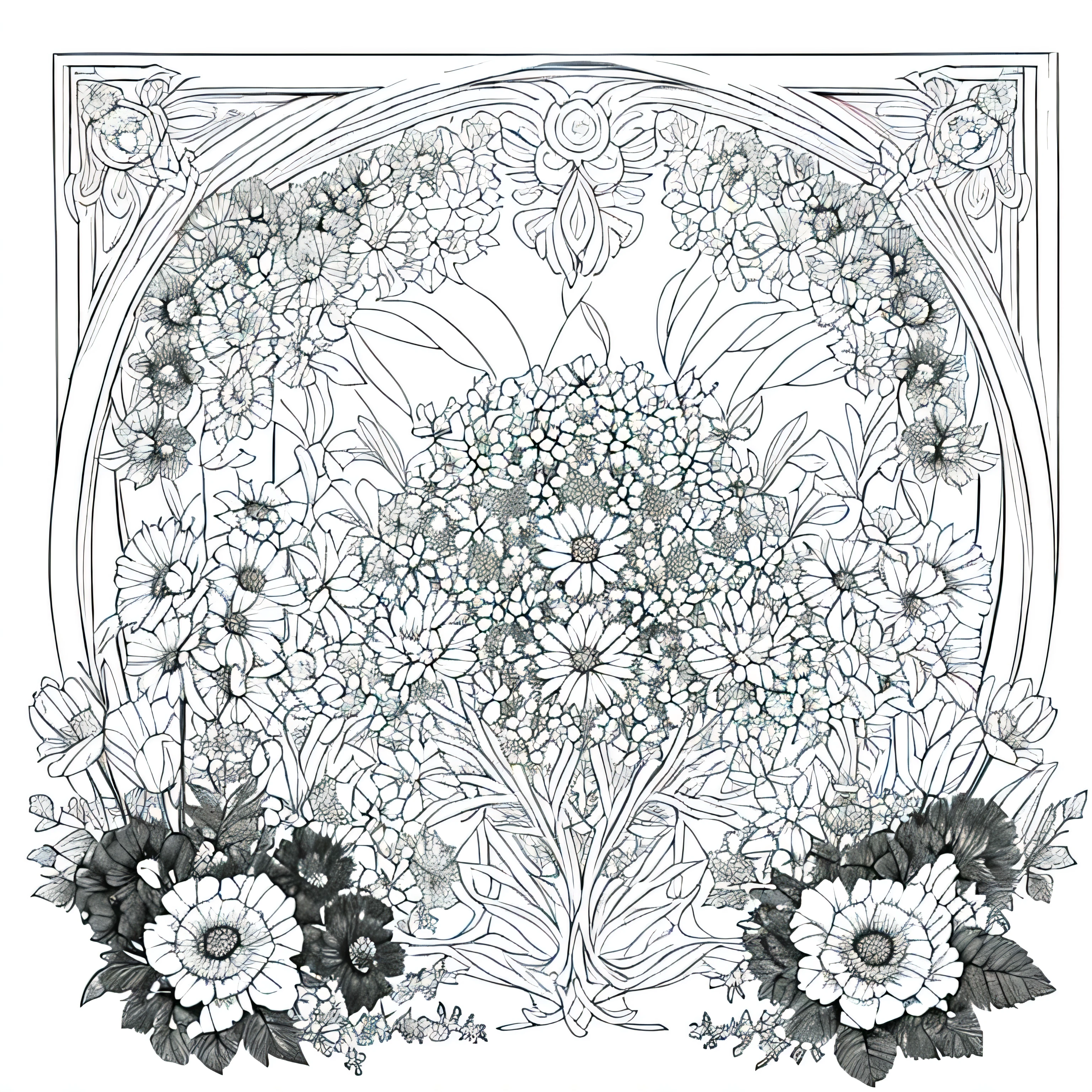 (Masterpiece, Monochromatic, Line Art, Black and White, High Contrast),(Delicate Details, Variety of Flowers: Roses, Daisies, Tulips),(Intricate Outlines, Suitable for Coloring),(Clean Lines, Well-Defined Shapes),(Structural Focus on Flowers and Leaves),(Elegant and Subtle Beauty),(Perfect for Color Additions),(Timeless and Classic Appeal),(Artistic Expression through Line Work),(Introduction to Coloring Techniques),(Artistic Growth and Development),(Black and White Simplicity),(Monochromatic Charm),(Contrasting Textures