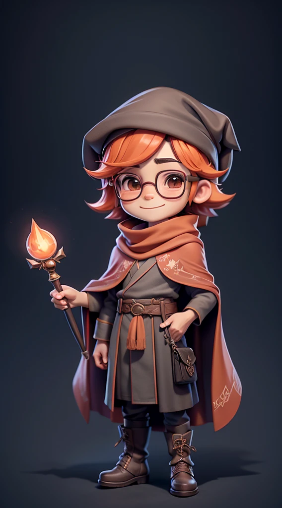 Cute boy、chibi style、Large glasses、japanese, Robe, wand, cloak, hat, pointy hat, house orange scarf, wizarding robes, house crest, dress robes, belt, boots, wizard hat, gloves, cape, wizarding accessories, brooch, enchanted accessories, magical attire, Hogwarts uniform, school robes. red scarf, happy face, exciting face, 1 boy, chibi boy, male