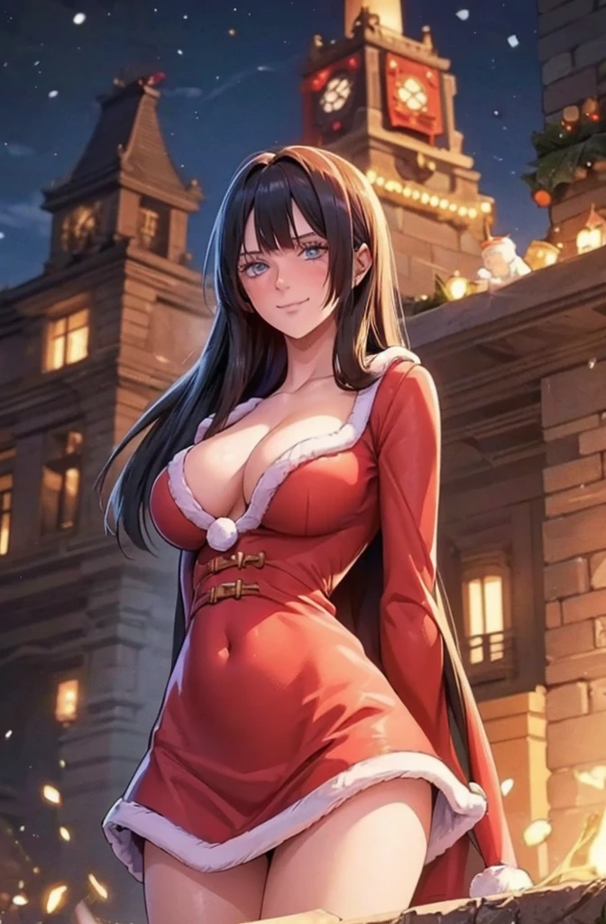 masterpiece, best quality, ultra-detailed, illustration,1girl, looking at viewer, best quality,depth of field,(closed mouth,light smile,blue eyes:1.1),beautiful detailed glow , (santa costume:1.3),(hands behind back:1.3),(arms behind back:1.3),blaze (arknights),