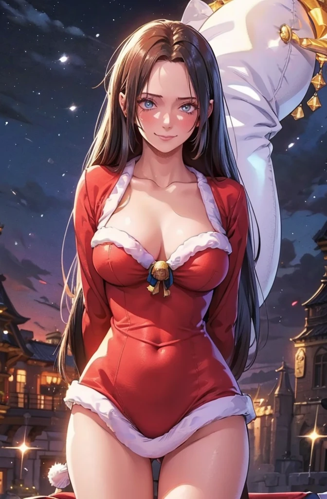 masterpiece, best quality, ultra-detailed, illustration,1girl, looking at viewer, best quality,depth of field,(closed mouth,light smile,blue eyes:1.1),beautiful detailed glow , (santa costume:1.3),(hands behind back:1.3),(arms behind back:1.3),blaze (arknights),