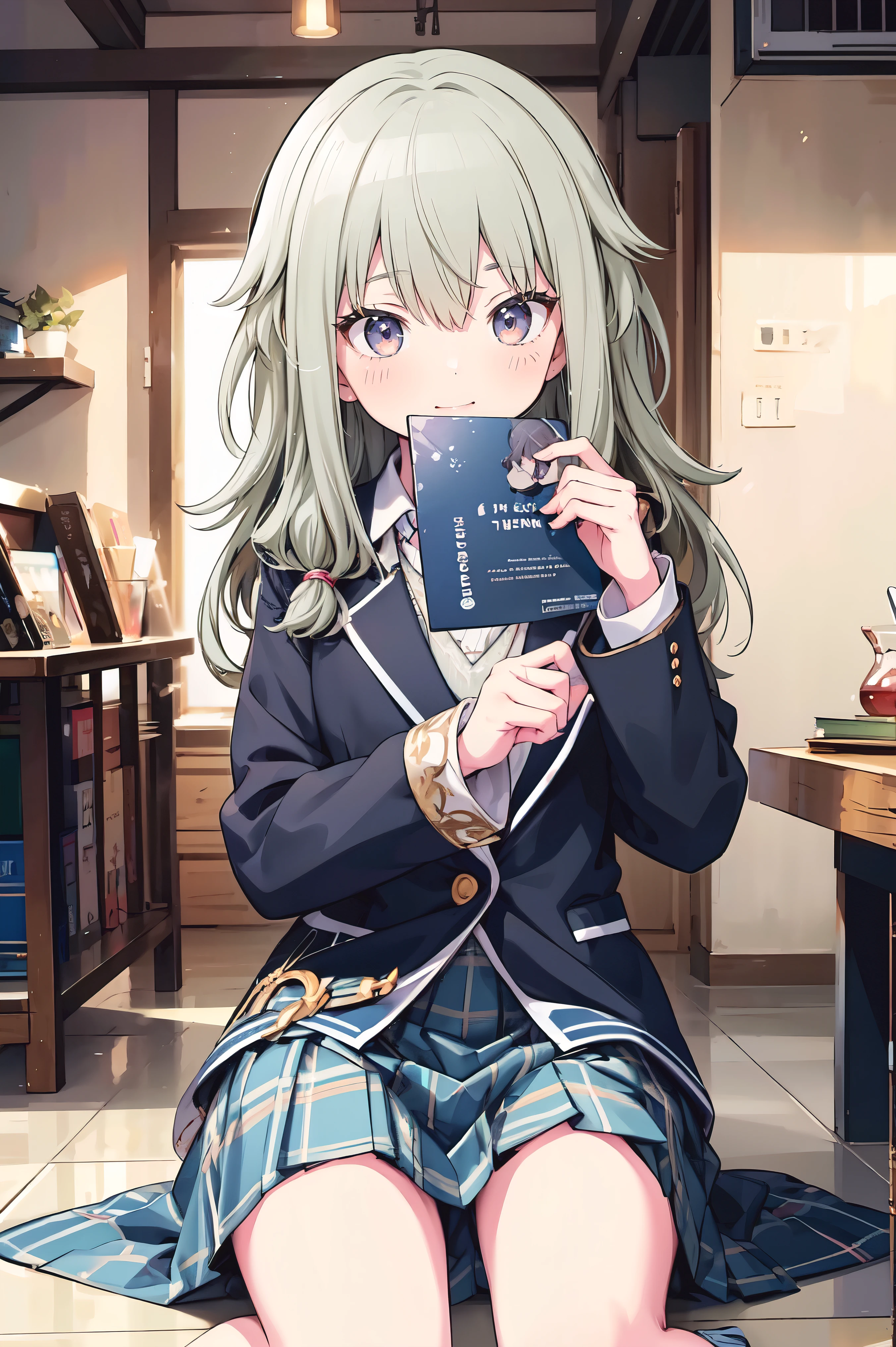 (8k, 最high quality)、Ultra-high resolution、adorable、最high quality, beautiful, Absurd beauty、masterpiece、Best image quality、(Front facing)、good feeling、smile,Face the camera、Delicate eyes、smile、Small face、female、1 person、masterpiece, Most detailed、、blazer、skirt、 high quality、♡、heart、Shiny Hair、Very fine and beautiful bright eyeedium chest、Read books too、nose blush、Very detailed, clear and beautiful face, Awards, (Anatomically correct)、The whole body is visible、Focus on the face、Sitting on the floor、Stretch your legs