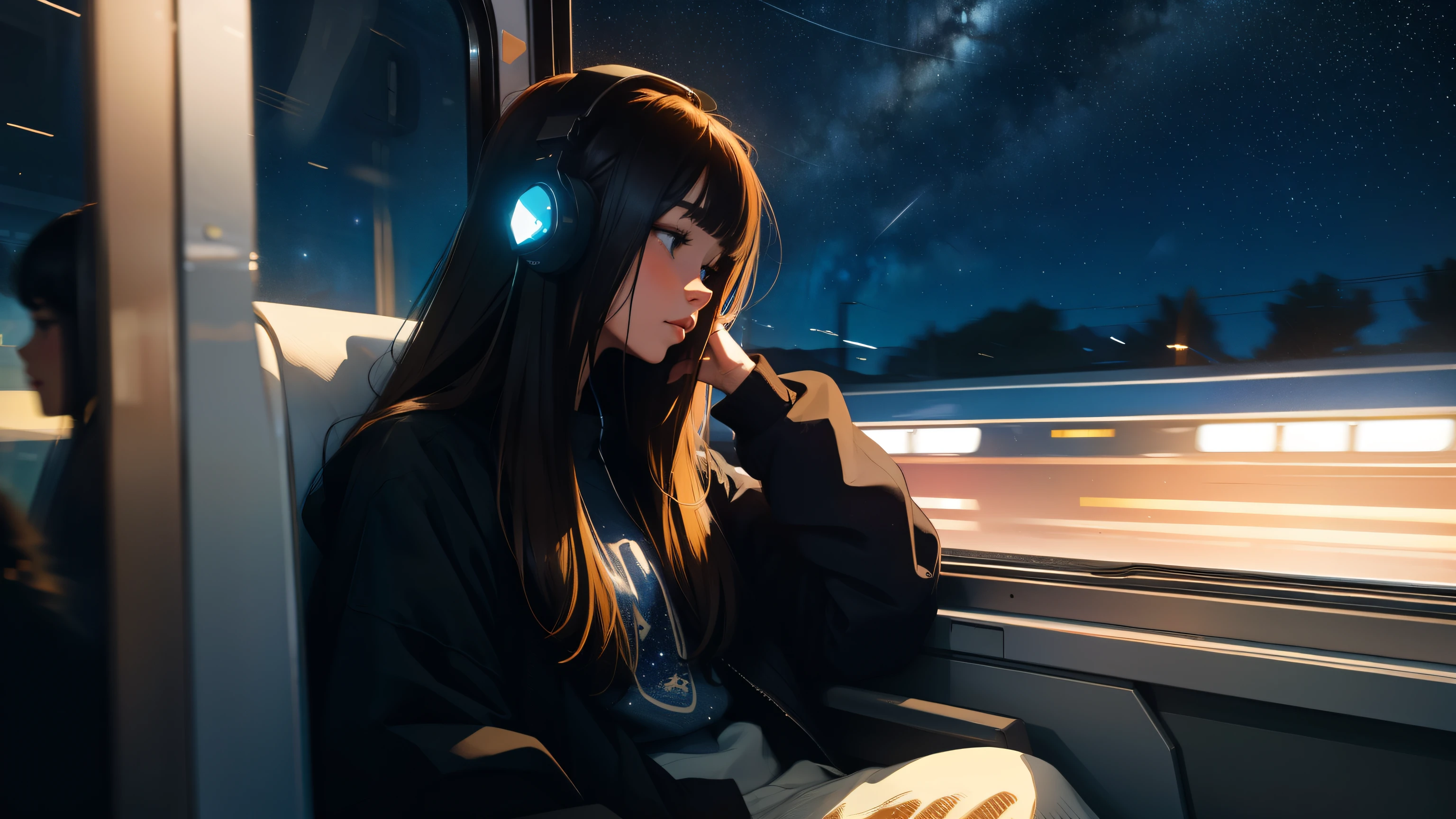 train, sit by the window, take a pensive posture, look at the stars, head stuck in glass, put on headphones, hands naturally lowered,Scenery passing by at high speed, night trip, beautiful starry sky, Beautiful girl, UHD portrait, (high quality) (ultra detail) Observation of viewers wearing hip-hop style street clothes; different, colorful, colored long hair 🌈