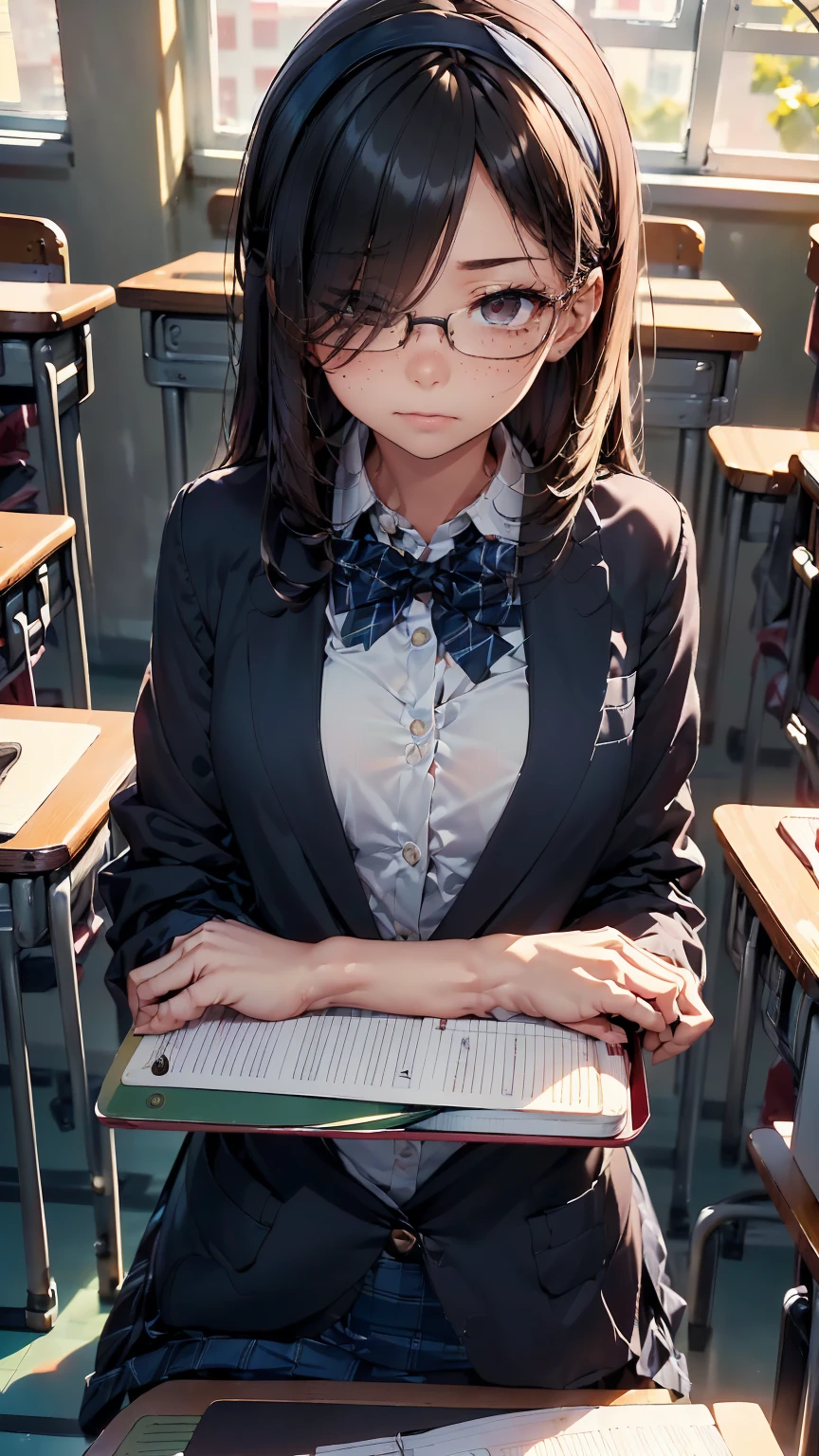 ((((School、During class、classroom)))、、middle School girls、((((((Sit in a chair and take a class、I have a pen、Notebooks and textbooks、)))))(((Serious face、Future outlook、Slender body)))、、Low length、((((((Eyes hidden by long bangs:1.2))))))、((([(freckles、Long black hair:1.2　hair band))))(((( Black-rimmed glasses:1.2　black eye)))、Side view、,Official Art、High resolution、Hyper Detail、[Angle from below:0.7]Upper Body