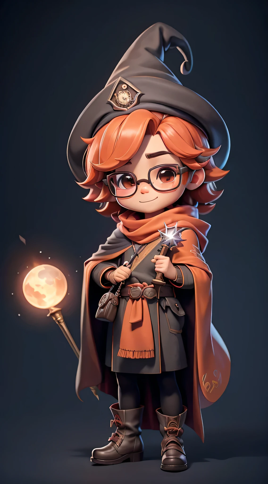 Cute boy、chibi style、Large glasses、japanese, Robe, wand, cloak, hat, pointy hat, house orange scarf, wizarding robes, house crest, dress robes, belt, boots, wizard hat, gloves, cape, wizarding accessories, brooch, enchanted accessories, magical attire, Hogwarts uniform, school robes. red scarf, happy face, exciting face, 1 boy, chibi boy, male