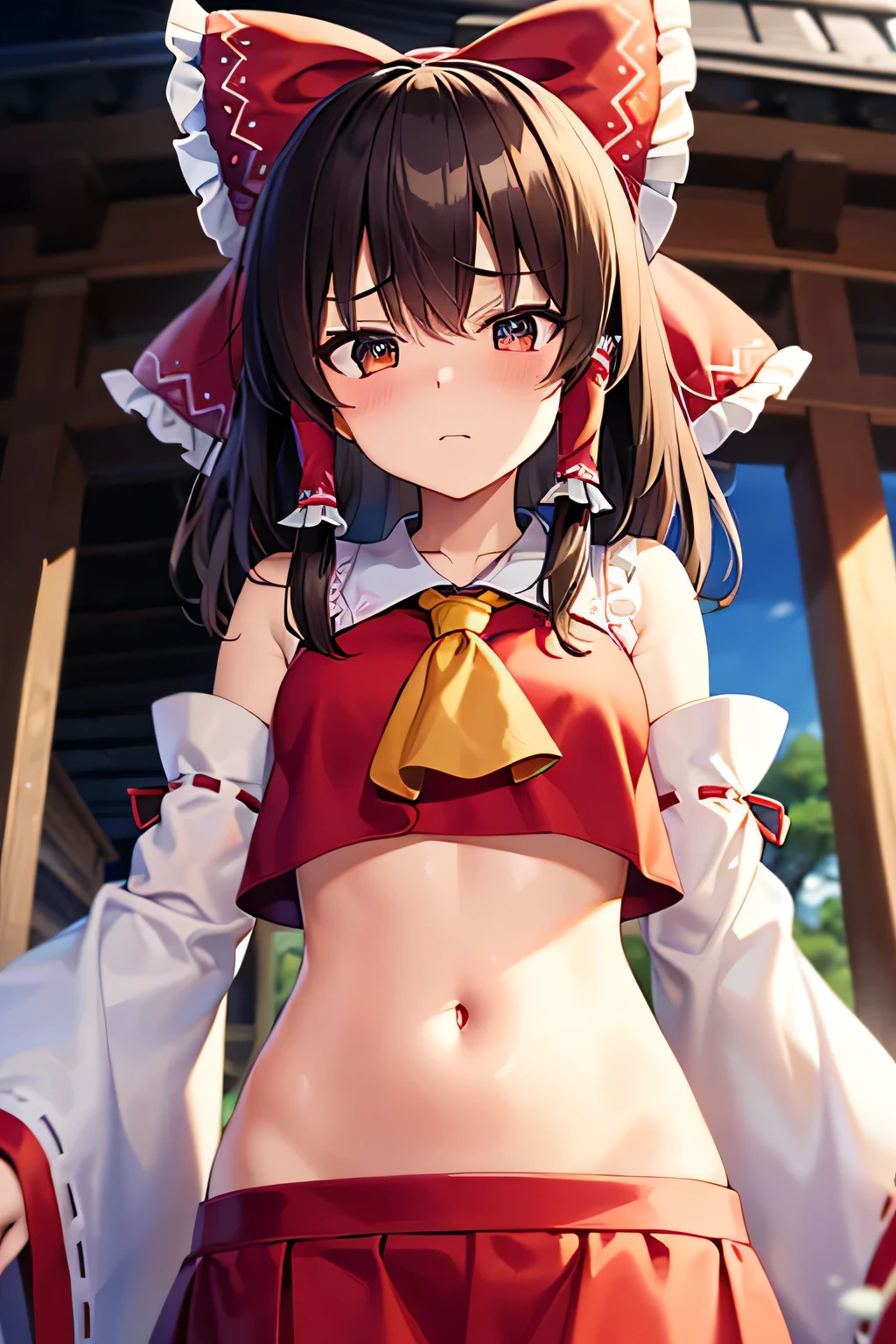 super fine illustration, vibrant colors, masterpiece, sharp focus, best quality, depth of field, cinematic lighting, ultra detailed, belly button, bellybutton, navel, tummy, shrine maiden, hakurei reimu, 1girl, hair bow, ascot, hair tubes, detached sleeves, looking down, red shirt, red skirt, very long hair, curly hair, dark brown hair, mature woman, hakurei reimu, 1girl, hair bow, ascot, hair tubes, miko, detached sleeves, Reimu Hakurei, leaning back, hand on own stomach, annoyed, indoors, wide hips