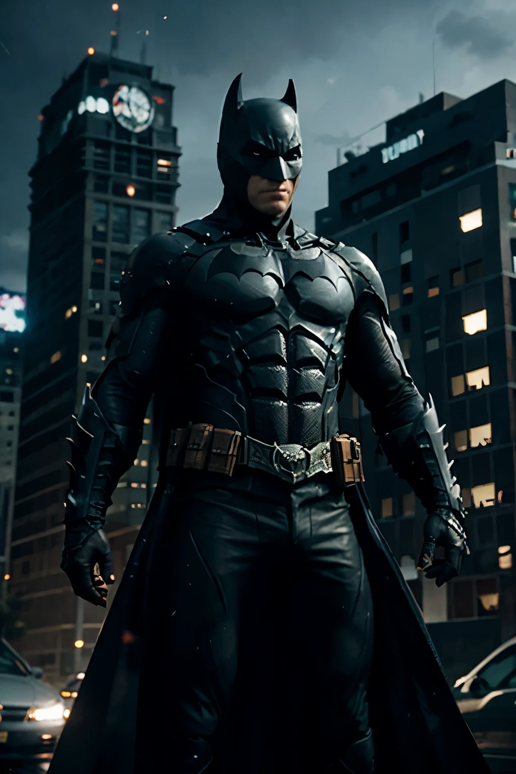 Batman arkham knight standing on a Arkham Knight building