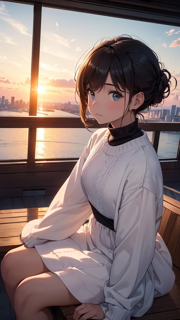 ((Best quality, 8K, masterpiece:1.3)),a Boy and a girl are sitting and looking at the sunset, an observation deck, a romantic setting, a sunset landscape, a Boy is wearing a black sweater, a girl is wearing a modest white dress.