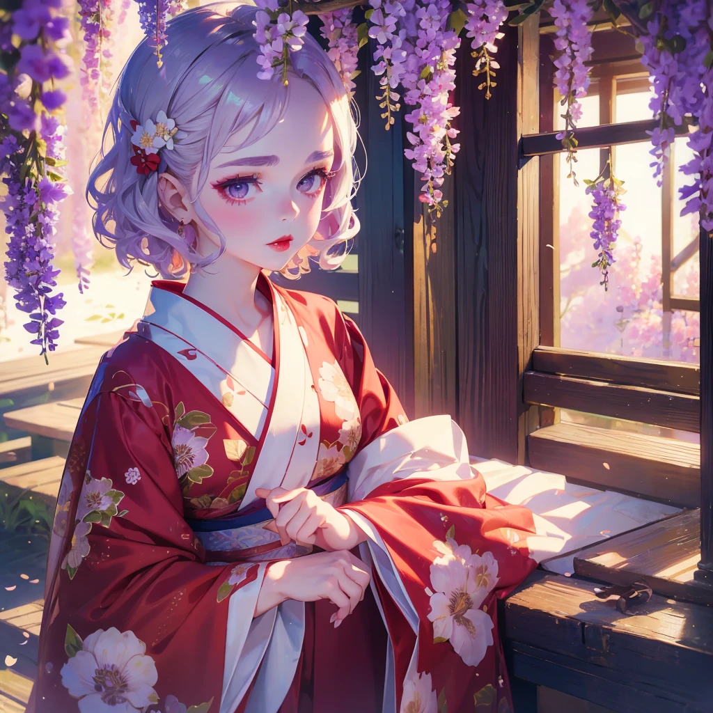 portrait of 1 girl,close face, short hair, cute big eyes, wavy hair, pale skin, makeup, red lips, sitting, kissing flowers, , kimono, hanfu, floral print, (Beautifully Aesthetic:1.2),field, wisteria, peace, tranquility, serenity, petals