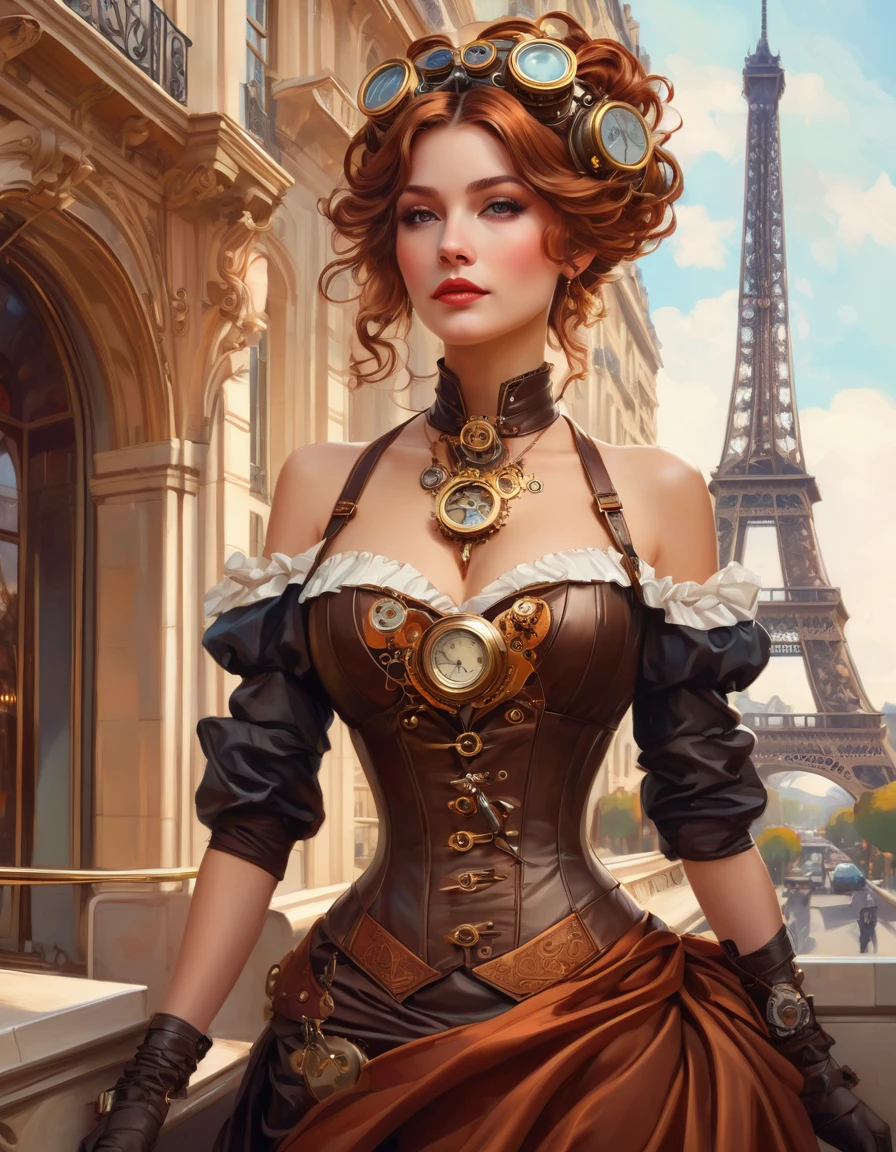photo of (( )), wearing elegant dress steampunk items, modern day in Paris , intricate, elegant, highly detailed, digital painting, artstation, concept art, smooth, sharp focus, illu0.8ation, art by artgerm and greg rutkowski and alphonse mucha
