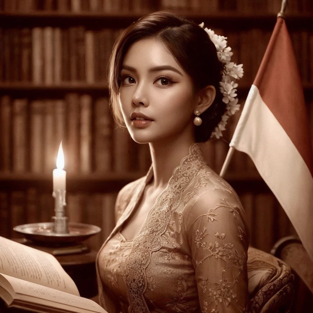 Create a sepia image featuring a beautiful Indonesian woman with a round face, realistic skin wearing a kebaya, her hair in a bun sitting in front of an open book. The woman is holding a red and white flag stretched over her shoulder, and there is a burning candle that provides light. The background appears to be indoors with dim lighting, creating an intimate atmosphere.