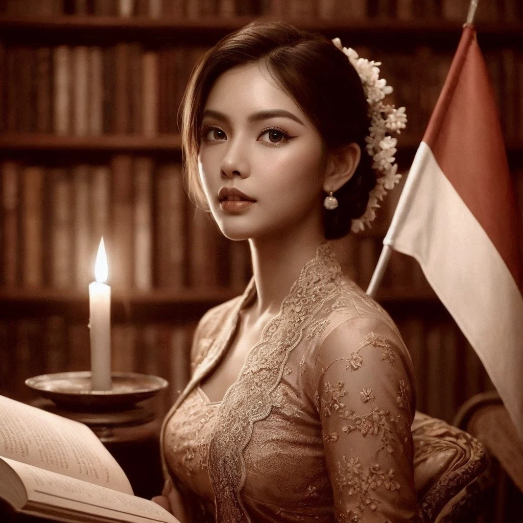 Create a sepia image featuring a beautiful Indonesian woman with a round face, realistic skin wearing a kebaya, her hair in a bun sitting in front of an open book. The woman is holding a red and white flag stretched over her shoulder, and there is a burning candle that provides light. The background appears to be indoors with dim lighting, creating an intimate atmosphere.