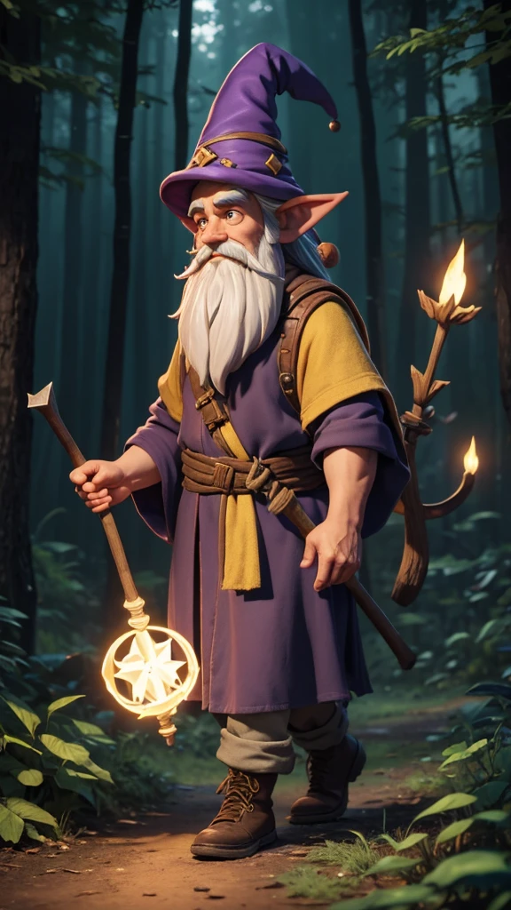 a man little  dressed as a gnome walking on the ground with a stick, wearing a yellow gnome robe, walking in the woods ,witch forest, male wizard, gnome druid, gnome wizard, tail wizard headdress, a mysterious spell-casting wizard, gnomon, drachenlord, spell-casting wizard, sorcerer, evil alchemist dwarf, wizard information-gatherer, game 3D 