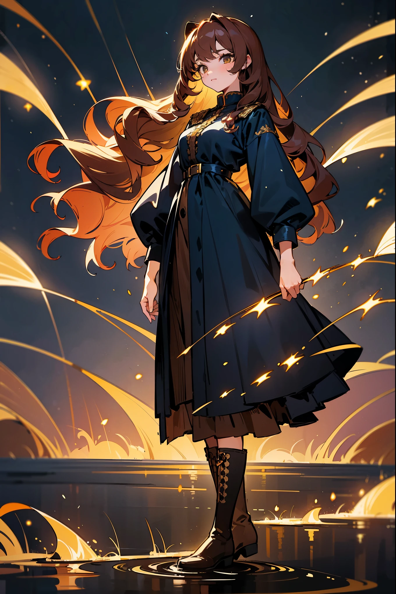 Masterpiece, 8k, a woman with long, curly auburn hair and hazel eyes, dressed in a vintage navy blue dress with golden embroidery depicting a tiger. She wears black velvet boots and stands against a picturesque, foggy lakeside with twinkling fireflies. Standing on path