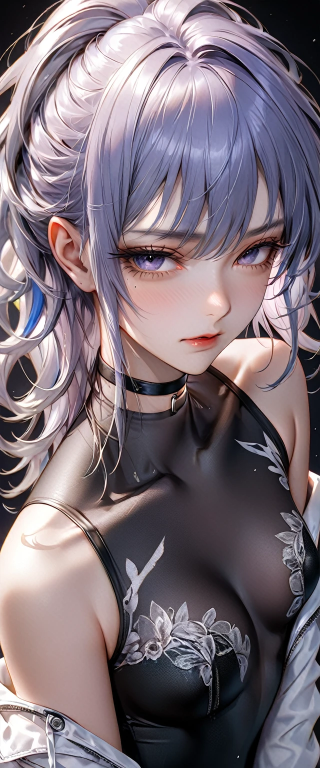 beautiful woman, cool and sadistic, amorous and lewd face, looking down with a cold gaze, make-up, beautiful messy hair, great proportion, tight suits, choker, (ultra detailed, absolutely resolution, best quality:1.3), 2.5D, delicate and dynamic, shading effects, hyper realistic, artistic photography, graphic CG digital art