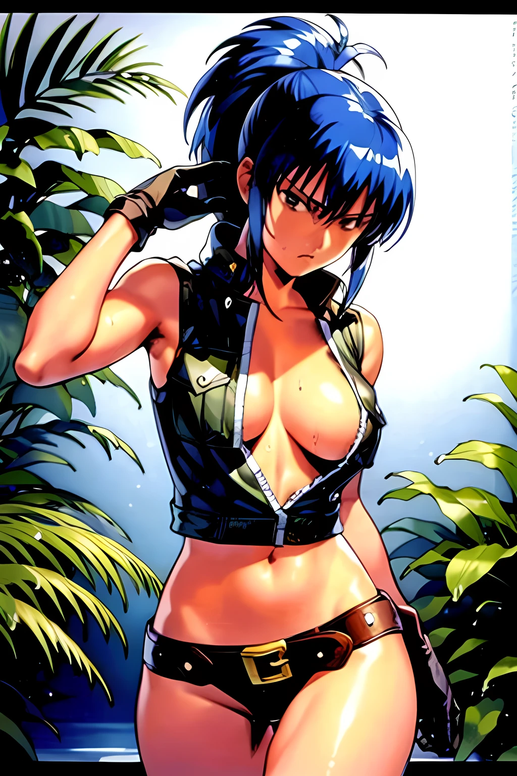 masterpiece, best quality, anime 1990s \(style\, leona heidern, no bra, fully open vest, thong ,jungle, pony tail, wet, serious, gloves, , sleeveless, belt, touching hair.