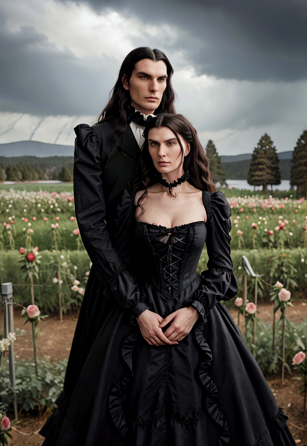 Gothic couple ((He in black Victorian clothes, ruffled neck collar, ruffled sleeve collar, Longhaire pretos, 1,90 metros de altura,Longhaire, straight half wavy, tall similar to Christopher Reeve and Peter Steele)),((ultrarealistic)),((hyper realist)),((the night)),((She in a Victorian dress,Longhaire e pretos, she with 1,58 m)), (( Scenario, in a flower field with roses, cloudy and some distant pine trees and trees near a lake)). 