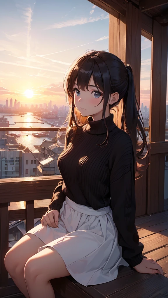 ((Best quality, 8K, masterpiece:1.3)),a Boy and a girl are sitting and looking at the sunset, an observation deck, a romantic setting, a sunset landscape, a Boy is wearing a black sweater, a girl is wearing a modest white dress.