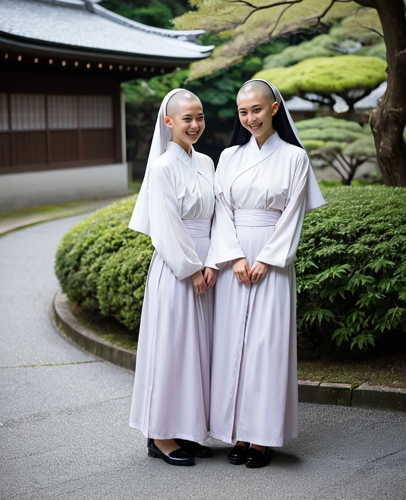 Two Japanese nuns having fun、キスをしている、The grounds of the nunnery - SeaArt AI