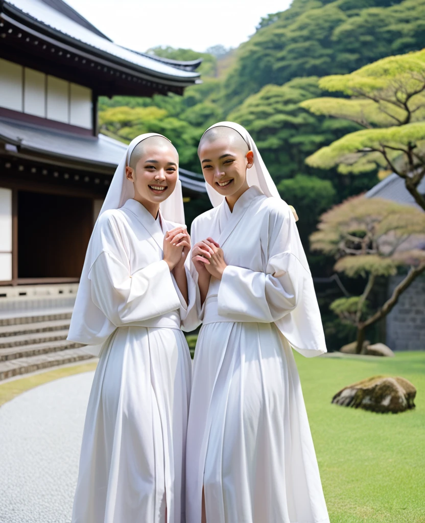Two Japanese nuns having fun、キスをしている、The grounds of the nunnery、Lover、Shaved Head、Transparent robes