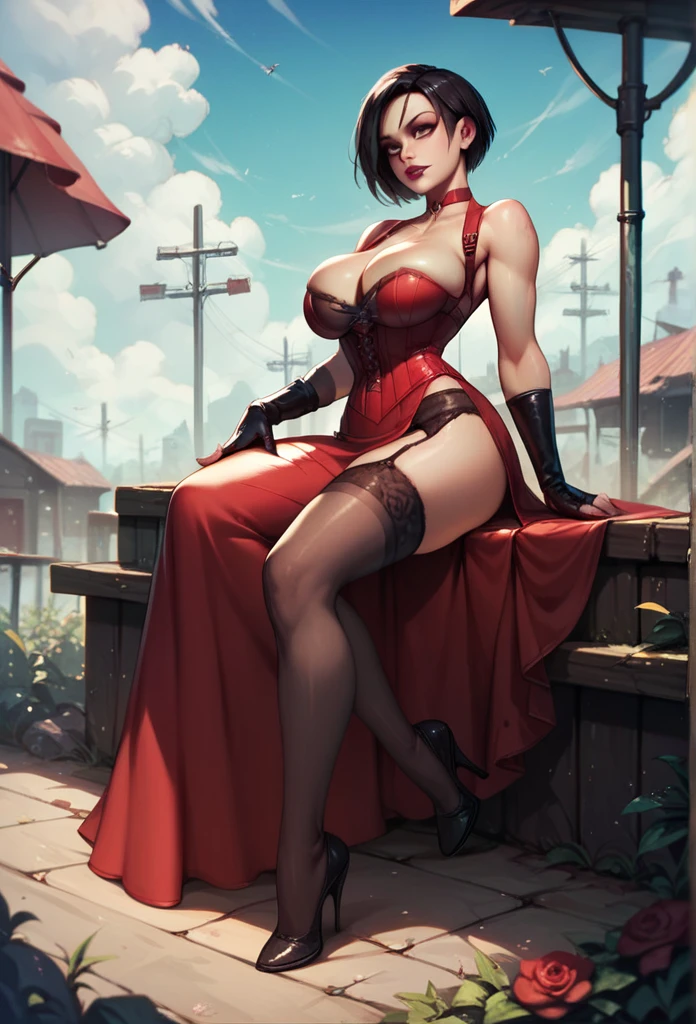 Ivy Valentine, big breasts, deep cleavage, red long skirt  slit on the side showing her thighs , from the game Resident Evil, black garter belt and stockings, short black hair, sitting on a bench in a post apocalyptic world, legs spread wide, red corset 