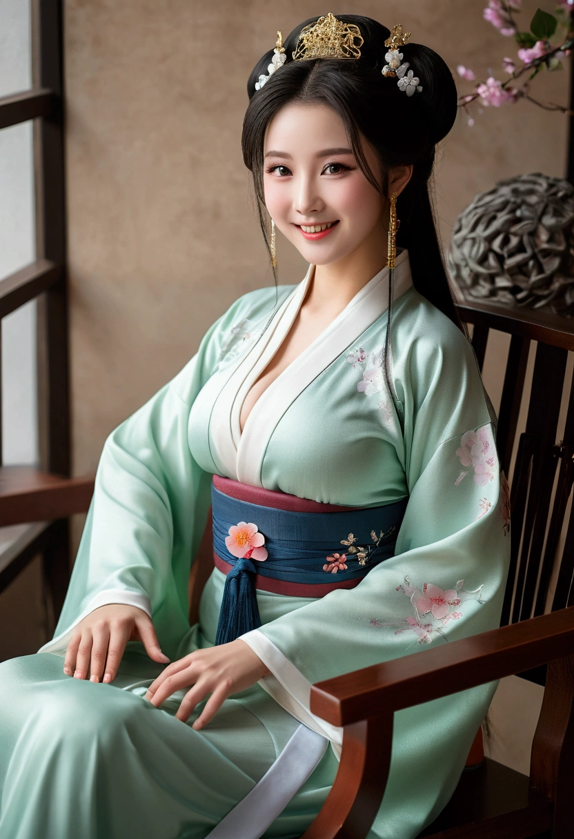 (beautiful woman wearing hanfu, exquisite eyes, Large Breasts, Beautiful hip curves, Smiling, legs spread, eternity,Push your hips forward, pubic hair, Large areola, Explicit content, Retro fashion, open mouth, best quality, 4K, 8k, High resolution, masterpiece:1.2, Super detailed, current, photocurrent, photo-current:1.37, high dynamic range, super high quality, Studio lighting, Ultrafine coating, sharp focus, Physically based rendering, extremely detailed description, professional, bright colors, Bokeh),nude,Squat with legs open,Hands touching sexual organs,Gentle,Gentle pubic hair,Hands caressing the room,stick on hand,Straddle wooden horse chair,Nice ass