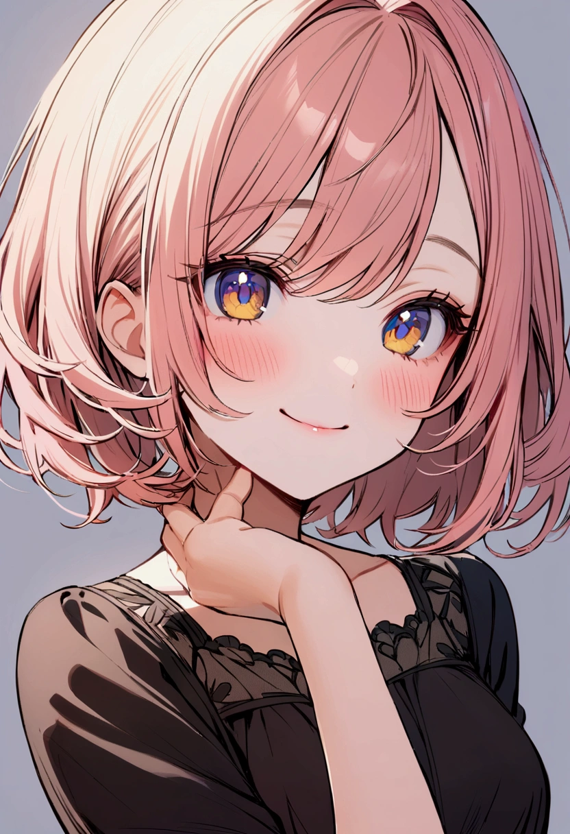 Young woman, Upper body, short hair, pink-yellow hair, blue-purple-yellow eyes, Blue Makeup, black shirt, simple background, smiling, blushing,