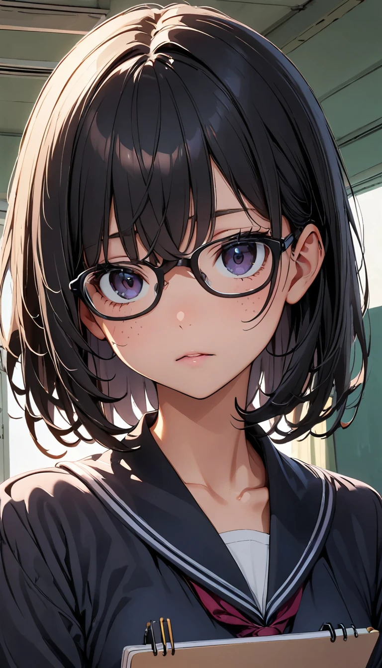 ((((School、During class、classroom)))、、middle School girls、((((((Sit in a chair and take a class、I have a pen、Notebooks and textbooks、)))))(((Serious face、Future outlook、Slender body)))、、Low length、((((((Eyes hidden by long bangs:1.2))))))、((([(freckles、Long black hair:1.2　hair band))))(((( Black-rimmed glasses:1.2　black eye)))、Side view、,Official Art、High resolution、Hyper Detail、[Angle from below:0.7]Upper Body
