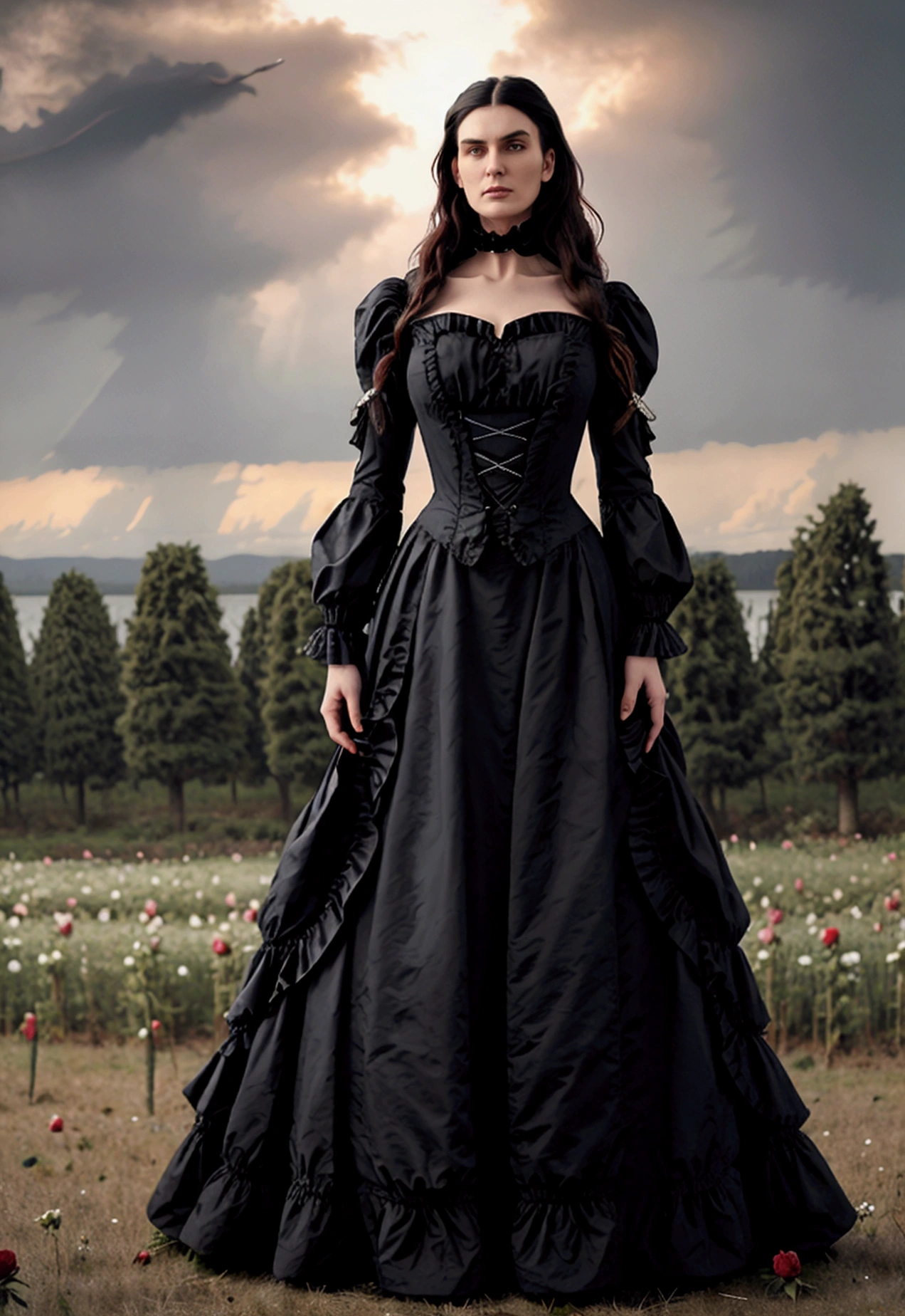 Gothic couple ((He in black Victorian clothes, ruffled neck collar, ruffled sleeve collar, Longhaire pretos, 1,90 metros de altura,Longhaire, straight half wavy, tall similar to Christopher Reeve and Peter Steele)),((ultrarealistic)),((hyper realist)),((the night)),((She in a Victorian dress,Longhaire e pretos, she with 1,58 m)), (( Scenario, in a flower field with roses, cloudy and some distant pine trees and trees near a lake)).