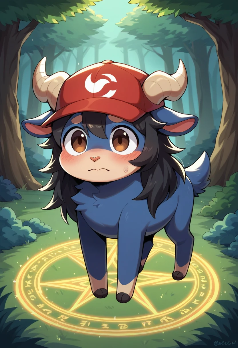 masterpiece, best quality, expressive eyes, perfect face, a man get transformed into sheep, cute, red baseball cap, solo, surpriced, blushed, naked, nsfw, ecchi, long hair, black hair, brown eyes, full body, in a magic forest, glitter, embarrassed pose, magic circle on the floor.  