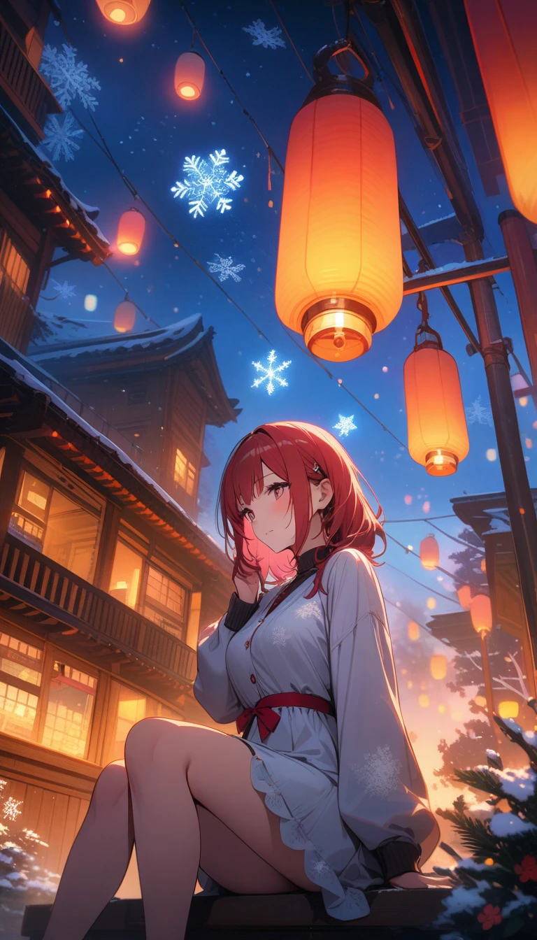 ((best quality)) , ((masterpiece)) , (detailed)，Color splash, (((1girl))) , wearing Shabby Chic Wrap dress, has metallic plating, Colored hair, ((Fossil fuel power station)) in background,beautiful detailed sky, night, stars, (red plum blossom),((winter)),(((snowflakes))), ((red and white flowers))，(starry sky),(sitting),((colorful)),scenery, lantern,(starfall)