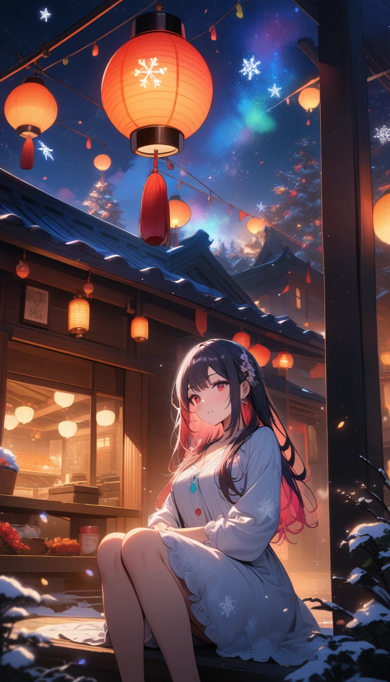 ((best quality)) , ((masterpiece)) , (detailed),Color splash, (((1girl))) , wearing Shabby Chic Wrap dress, has metallic plating, Colored hair, ((Fossil fuel power station)) in background,beautiful detailed sky, night, stars, (red plum blossom),((winter)),(((snowflakes))), ((red and white flowers)),(starry sky),(sitting),((colorful)),scenery, lantern,(starfall)