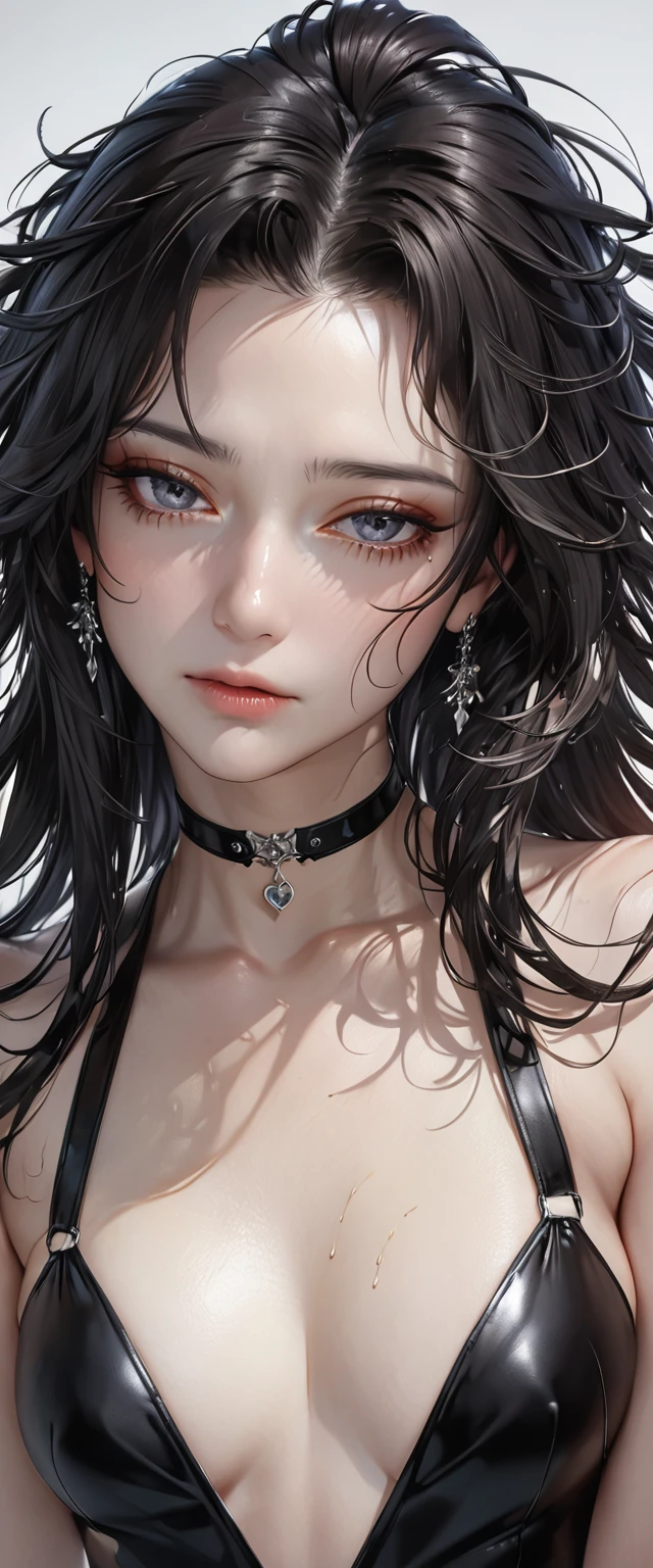 beautiful woman, cool and sadistic, amorous and lewd face, looking down with a cold gaze, make-up, beautiful messy hair, great proportion, tight suits, choker, (ultra detailed, absolutely resolution, best quality:1.3), 2.5D, delicate and dynamic, shading effects, hyper realistic, artistic photography, graphic CG digital art