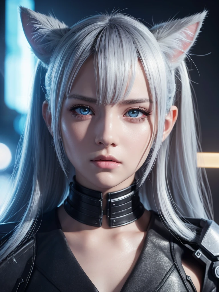 Ultra detailed beautiful porcelain profile rendered female android face, cat ears, 150mm, beautiful studio soft light, rim light, vivid detail, gorgeous cyberpunk, lace, surrealistic, anatomical, facial muscles, cable wire, microchip, elegant, beautiful background, octane rendering, HR giger style, 8k, top quality, masterpiece, illustration, Very delicate and beautiful, highly detailed, CG, unity, wallpaper, (realistic, photorealistic: 1.37), wonderful, finely detailed, masterpiece, top quality, official art, highly detailed CG unity 8k wallpaper, absurd, incredibly absurd, silver halmet, full body, sitting