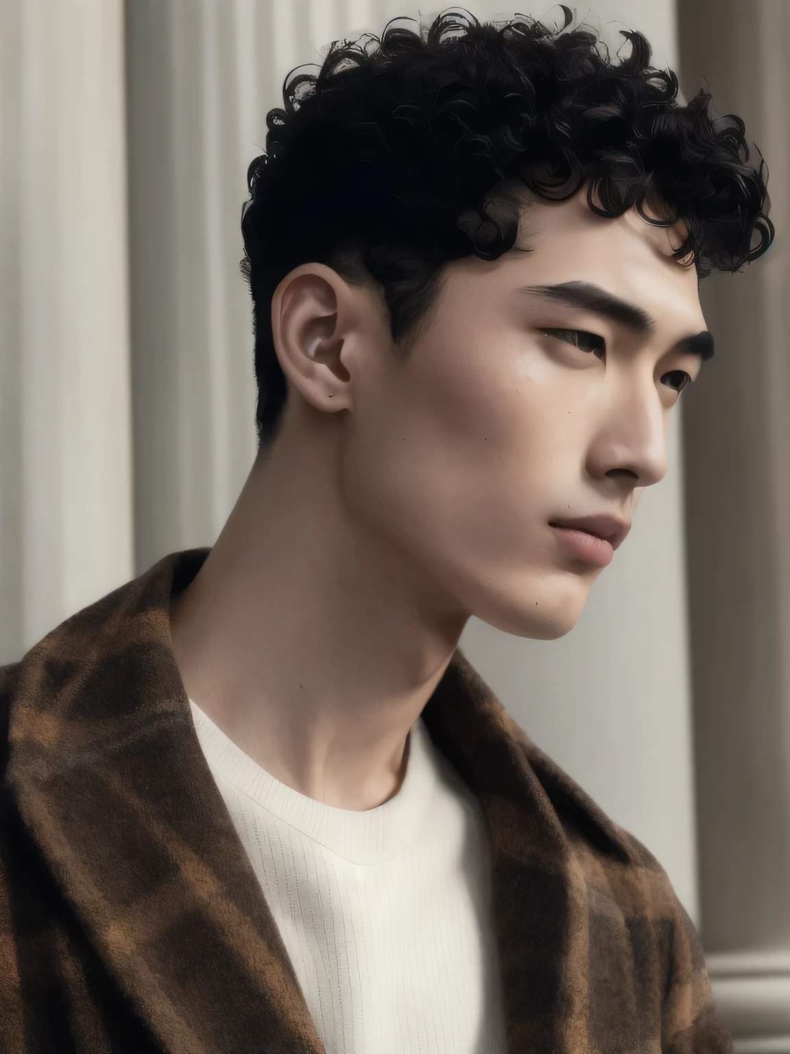 (8k, RAW photo, best quality, masterpiece:1.2), (realistic, photo-realistic:1.37), ultra-detailed, (high detailed skin:1.2), 8k uhd, dslr, soft lighting, high quality, film grain, Fujifilm XT3, professional lighting, handsome 1man, (asian young man), arched eyebrows, (thin lips:1.3), masterpiece, pale skin, (curly black hair:1.3), Thick eyebrows, sleepy eyes, thin lips, (strong jaw:1), fashionable