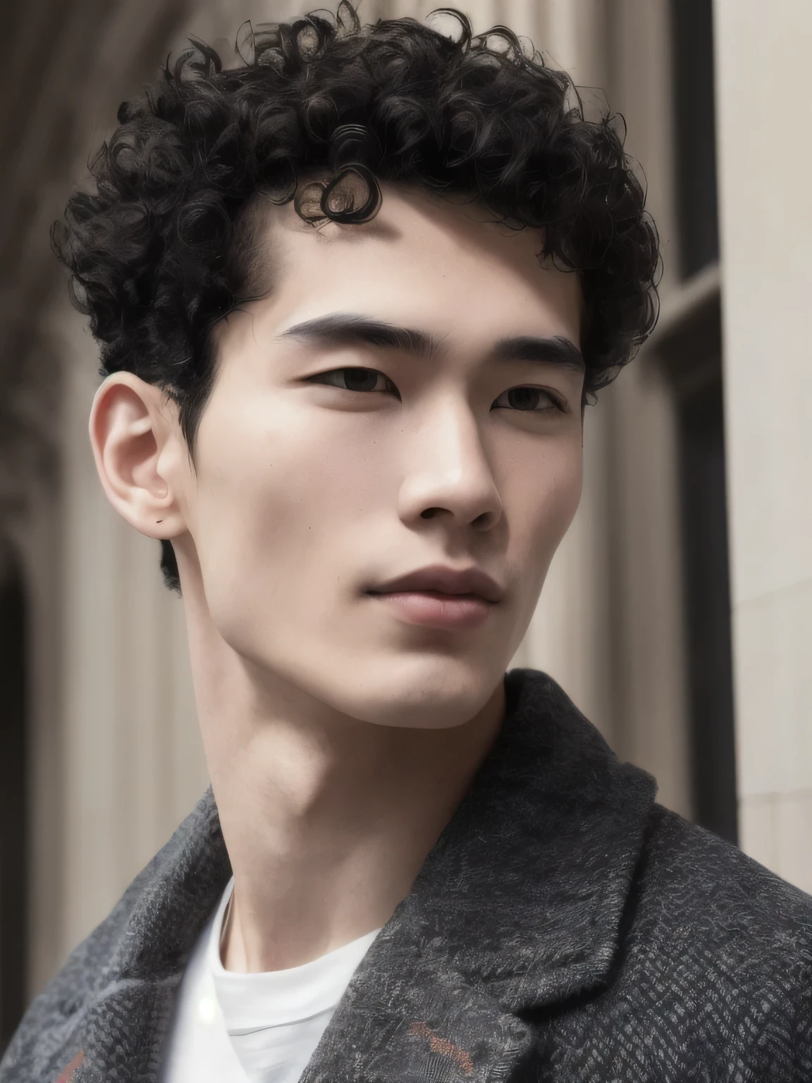 (8k, RAW photo, best quality, masterpiece:1.2), (realistic, photo-realistic:1.37), ultra-detailed, (high detailed skin:1.2), 8k uhd, dslr, soft lighting, high quality, film grain, Fujifilm XT3, professional lighting, handsome 1man, (asian young man), arched eyebrows, (thin lips:1.3), masterpiece, pale skin, (curly black hair:1.3), Thick eyebrows, sleepy eyes, thin lips, (strong jaw:1), fashionable