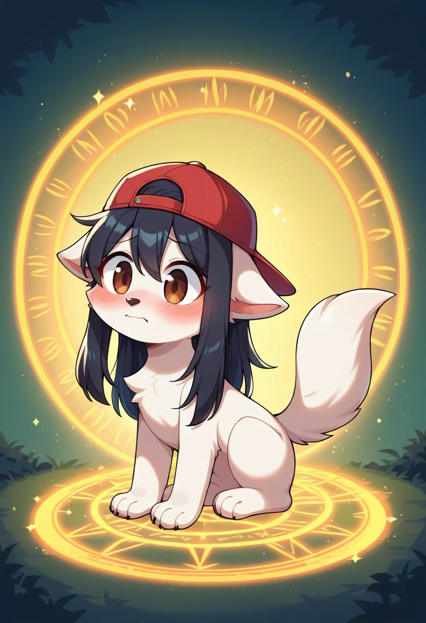 masterpiece, best quality, expressive eyes, perfect face, a man get transformed into female wolf, white fur, cute, red baseball cap, solo, surpriced, blushed, naked, nsfw, ecchi, long hair, black hair, brown eyes, full body, in a magic forest, glitter, embarrassed pose, magic circle on the floor.  pussy