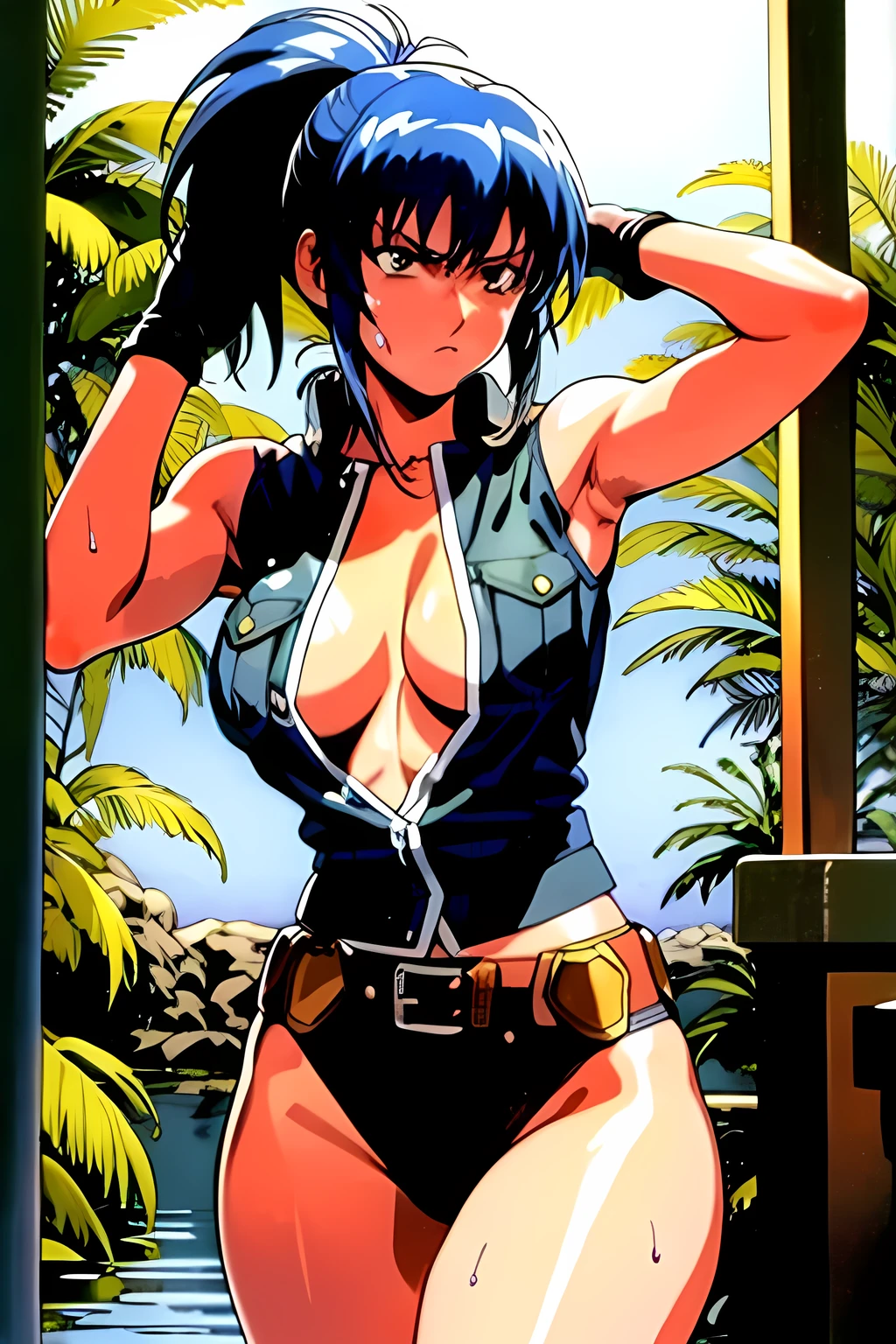 masterpiece, best quality, anime 1990s \(style\, leona heidern, no bra, fully open vest, thong ,jungle, pony tail, wet, serious, gloves, , sleeveless, belt, touching hair.