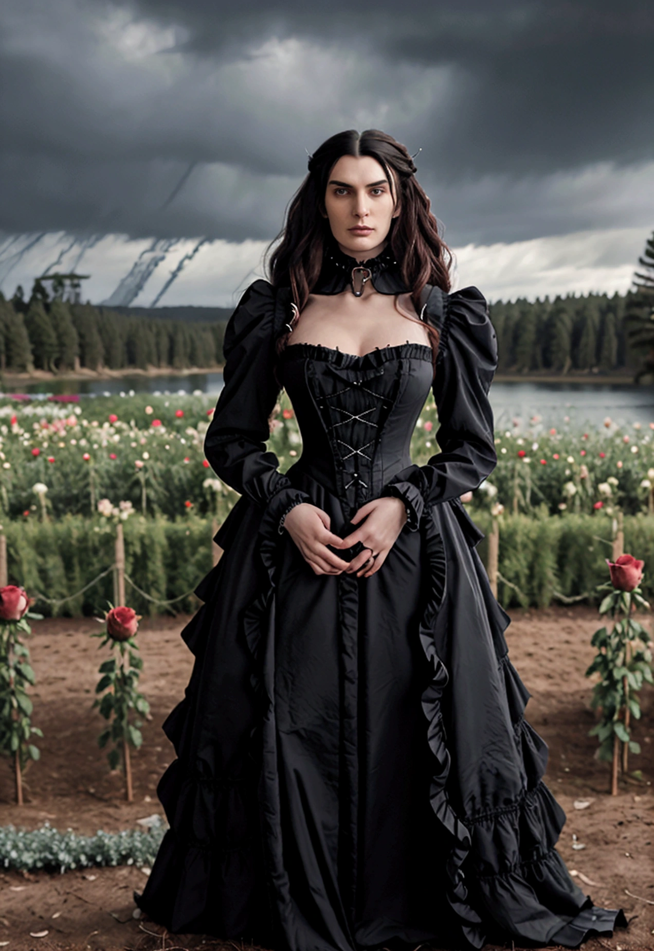 Gothic couple ((He in black Victorian clothes, ruffled neck collar, ruffled sleeve collar, Longhaire pretos, 1,90 metros de altura,Longhaire, straight half wavy, tall similar to Christopher Reeve and Peter Steele)),((ultrarealistic)),((hyper realist)),((the night)),((She in a Victorian dress,Longhaire e pretos, she with 1,58 m)), (( Scenario, in a flower field with roses, cloudy and some distant pine trees and trees near a lake)).