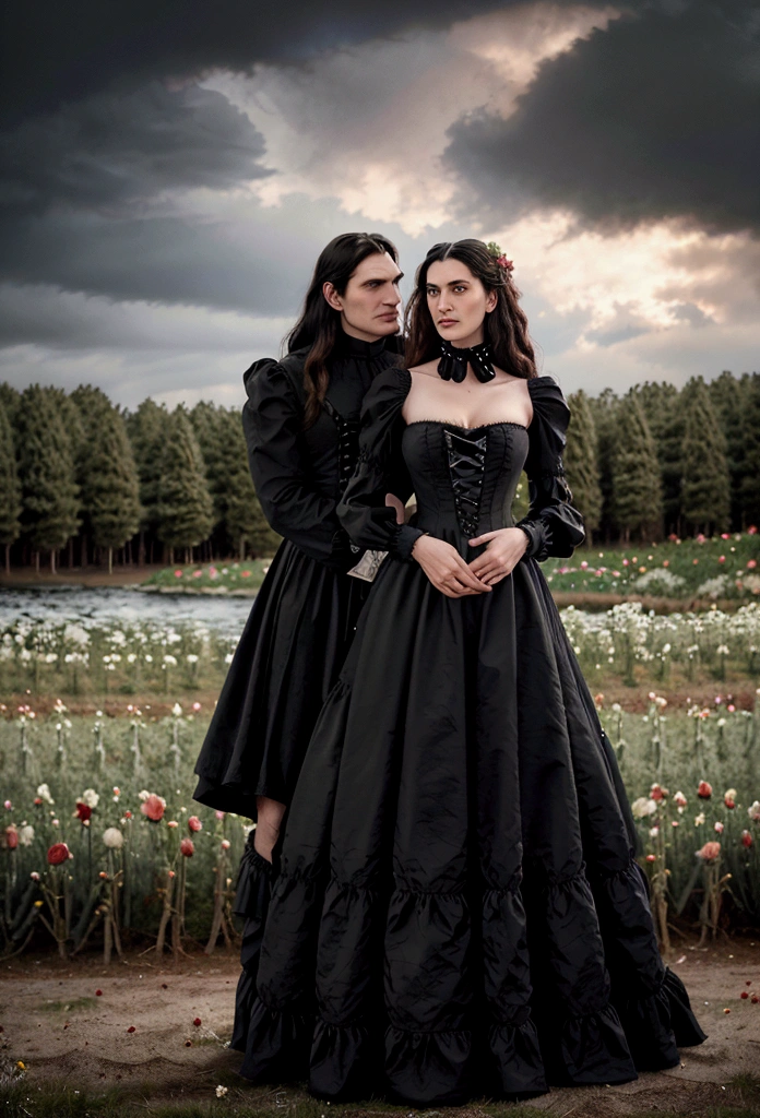 Gothic couple ((He in black Victorian clothes, ruffled neck collar, ruffled sleeve collar, Longhaire pretos, 1,90 metros de altura,Longhaire, straight half wavy, tall similar to Christopher Reeve and Peter Steele)),((ultrarealistic)),((hyper realist)),((the night)),((She in a Victorian dress,Longhaire e pretos, she with 1,58 m)), (( Scenario, in a flower field with roses, cloudy and some distant pine trees and trees near a lake)).