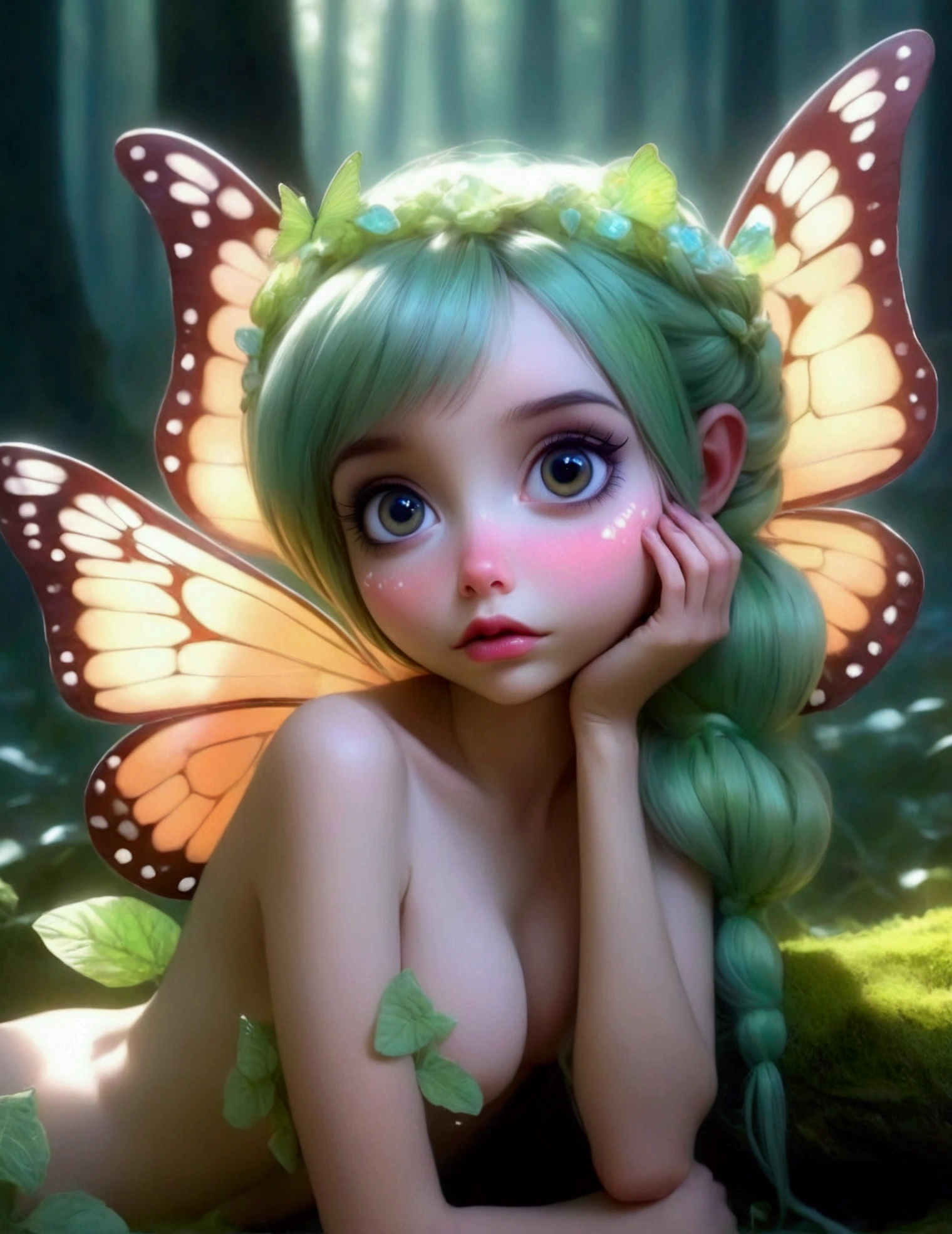 A cute fairy (crystalline butterfly wings, prismatic hair, large eyes, nude) has gotten drunk on honeydew. She is passed out on the top of a toadstool fingering her pussy. enchanted woods
