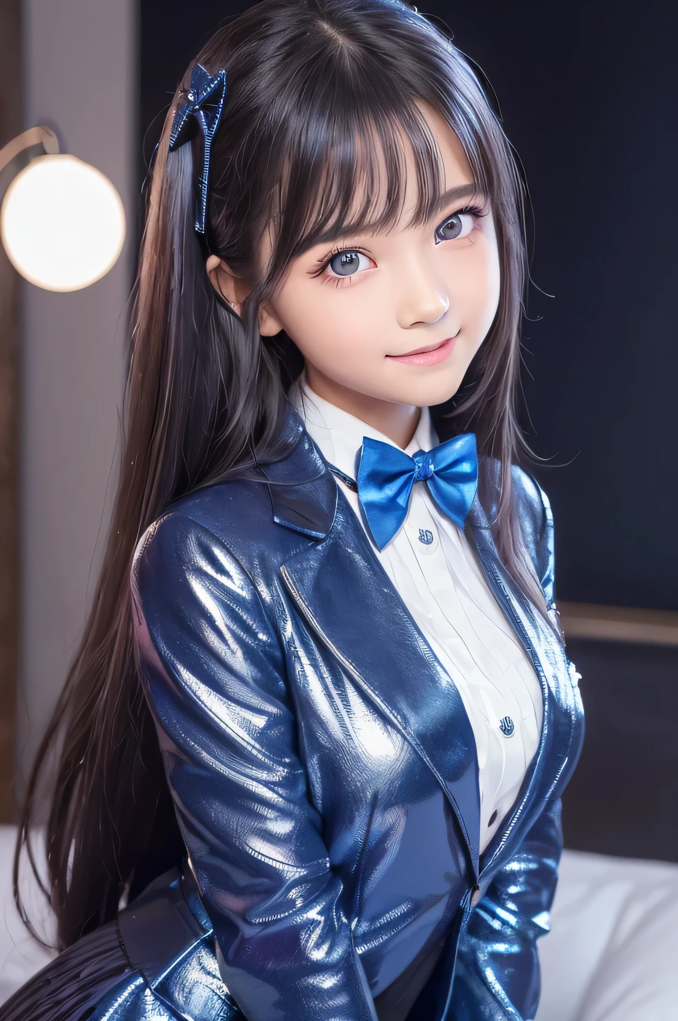 (Very beautiful cute girl), (very cute face:1.2), yo, (sparking clear attractive large growing eyes:1.2), Beautiful detailed eyes, Detailed double eyelids, (smiling), (realistic photograph:1.2), long straight hair, (super shiny metallic dark blue blazer:1),pearl white school blouse,(shiny metallic pink neck bow tie:1),(super shiny metallic dark blue pleated skirt :1)