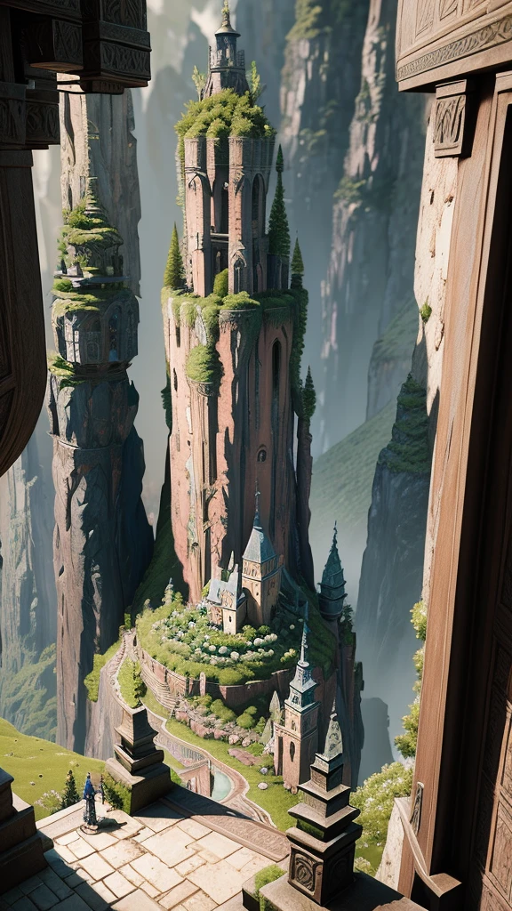 a man little  dressed as a gnome walking on the ground with a stick, wearing a yellow gnome robe, a castle sitting on top of a lush green hillside, by Michael James Smith, by Edwin Deakin, by Raphael Lacoste, fantasy matte painting，cute, beautiful render of a fairytale, fantasy architecture, detailed 3d gothic oil painting, mix with rivendell architecture, still from a fantasy movie, elven architecture, fantasy house, style of thomas kinkade,crawl.a waterfall flowing through a lush green forest, intricate matte 3D gothic, by Michael James Smith, very beautiful matte fantasy, Strange trees, roads, flying angels,beautiful matte elf,fantasy matte,