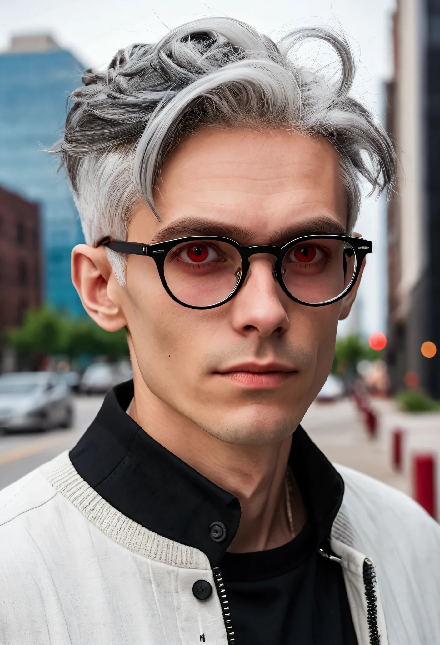 Skinny hipster man with grey hair and pointy ears, Blood red eyes, Glasses, Soft jawline, Femboy, Wearing black and white clothes (Light skin) Short hair, Wearing hipster clothes, I've grown up a bit, Ominous look, Downtown Background