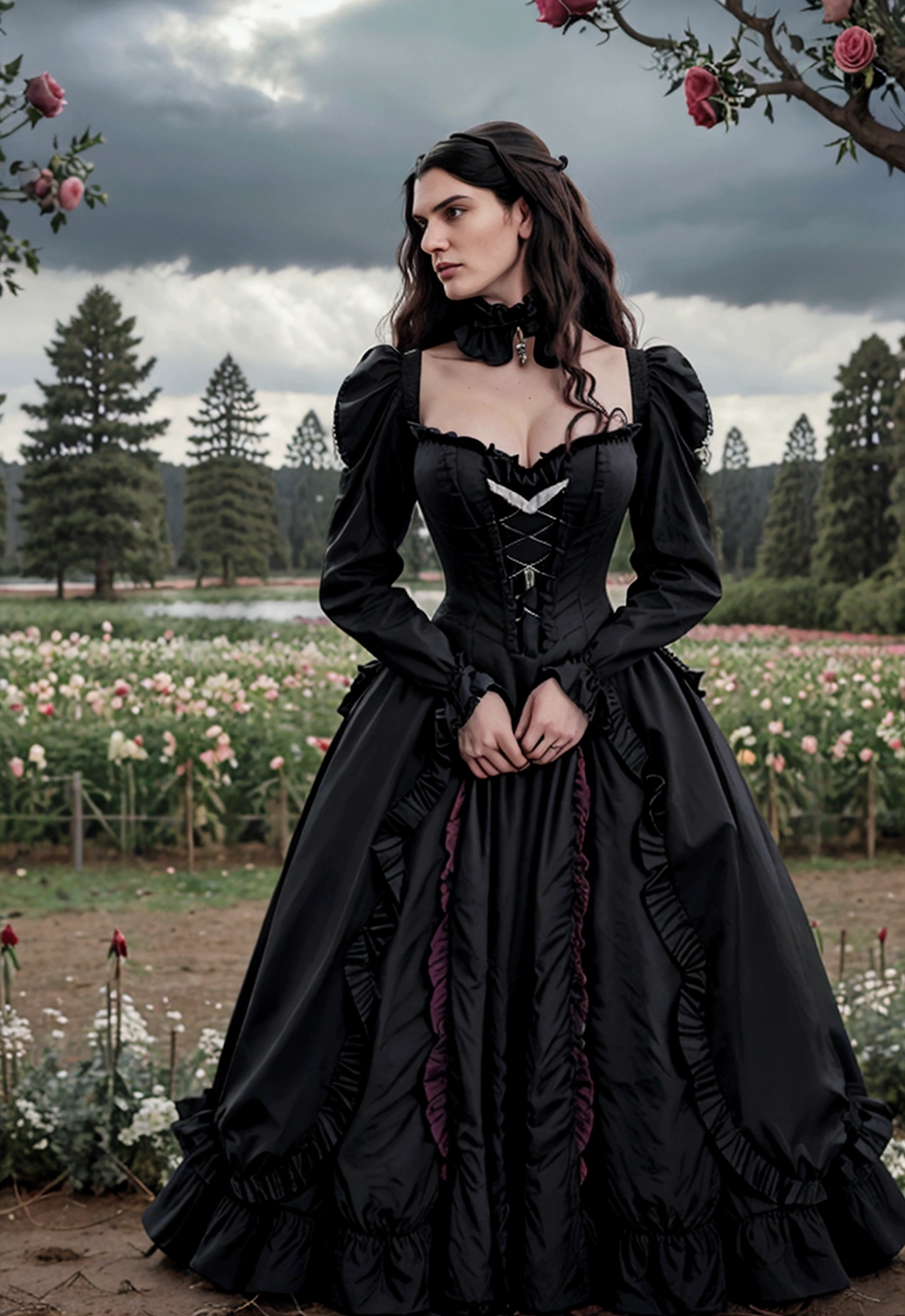 Gothic couple ((He in black Victorian clothes, ruffled neck collar, ruffled sleeve collar, Longhaire pretos, 1,90 metros de altura,Longhaire, straight half wavy, tall similar to Christopher Reeve and Peter Steele)),((ultrarealistic)),((hyper realist)),((the night)),((She in a Victorian dress,Longhaire e pretos, she with 1,58 m)), (( Scenario, in a flower field with roses, cloudy and some distant pine trees and trees near a lake)). 