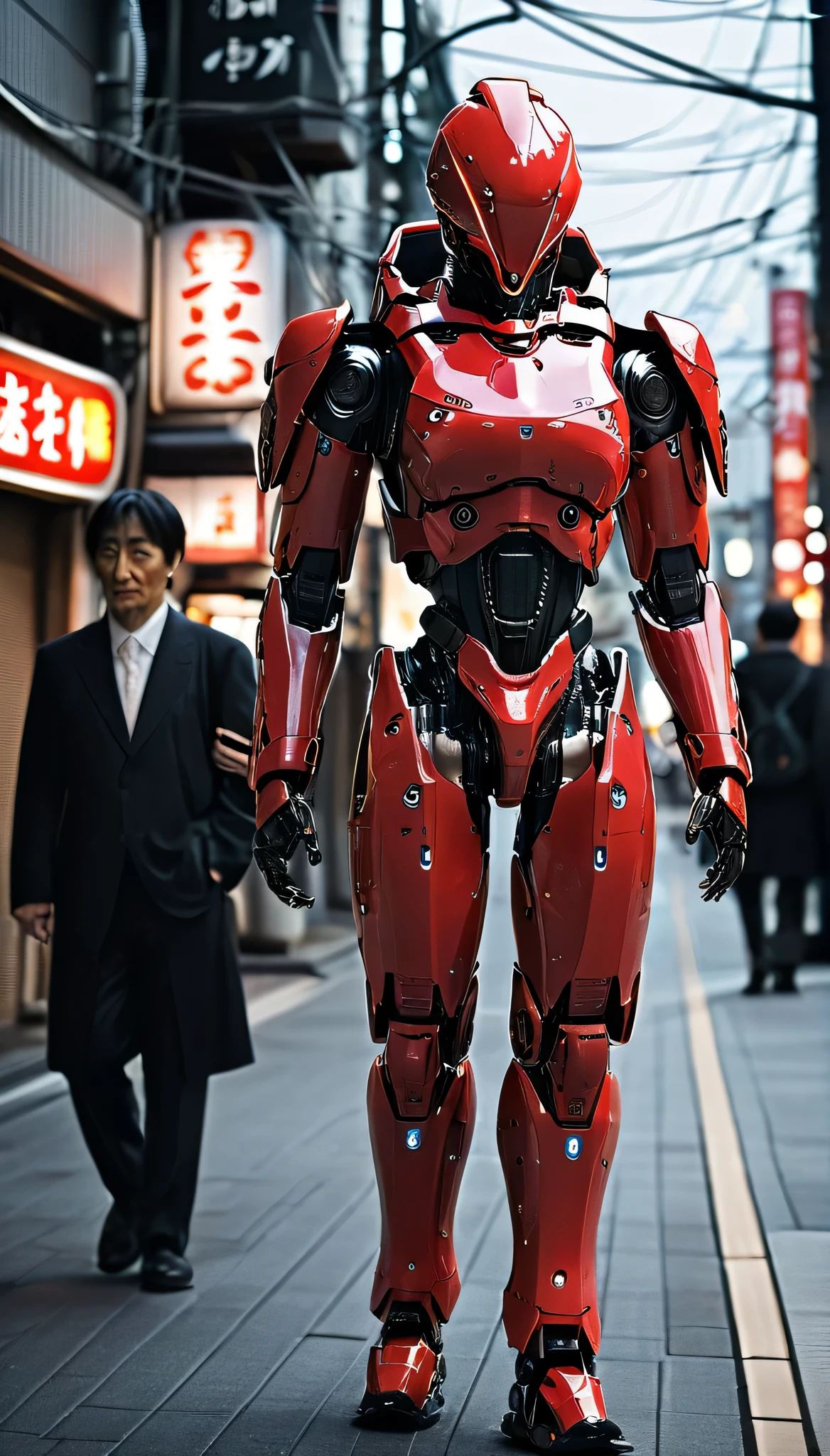 Girl walking on the street holding a phone texting, , walking next to a highly detailed and realistic samurai robot bodyguard with humanoid features. The setting is an urban street that appears to be in Japan, with a background of bright city lights and signs.red suit, The contrast between traditional clothing and futuristic robots will be striking, emphasizing the blend of historical culture with cutting-edge technology.