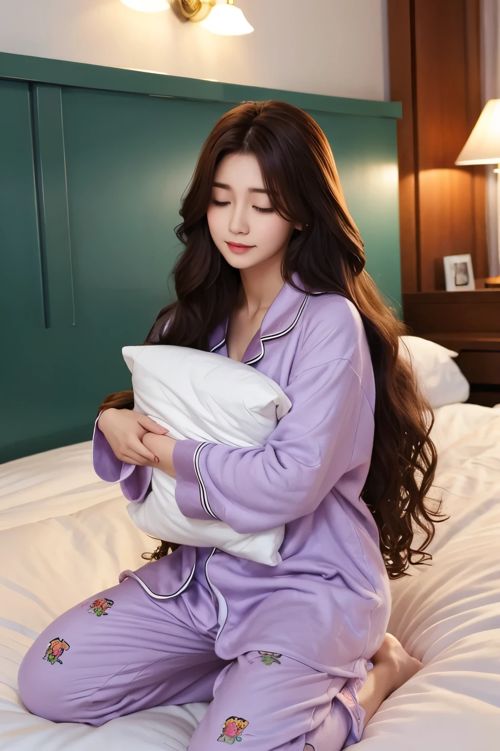Highest quality、 body type、long hair、Curly Hair、pajamas、Looks sleepy、hugging a pillow、Princess
