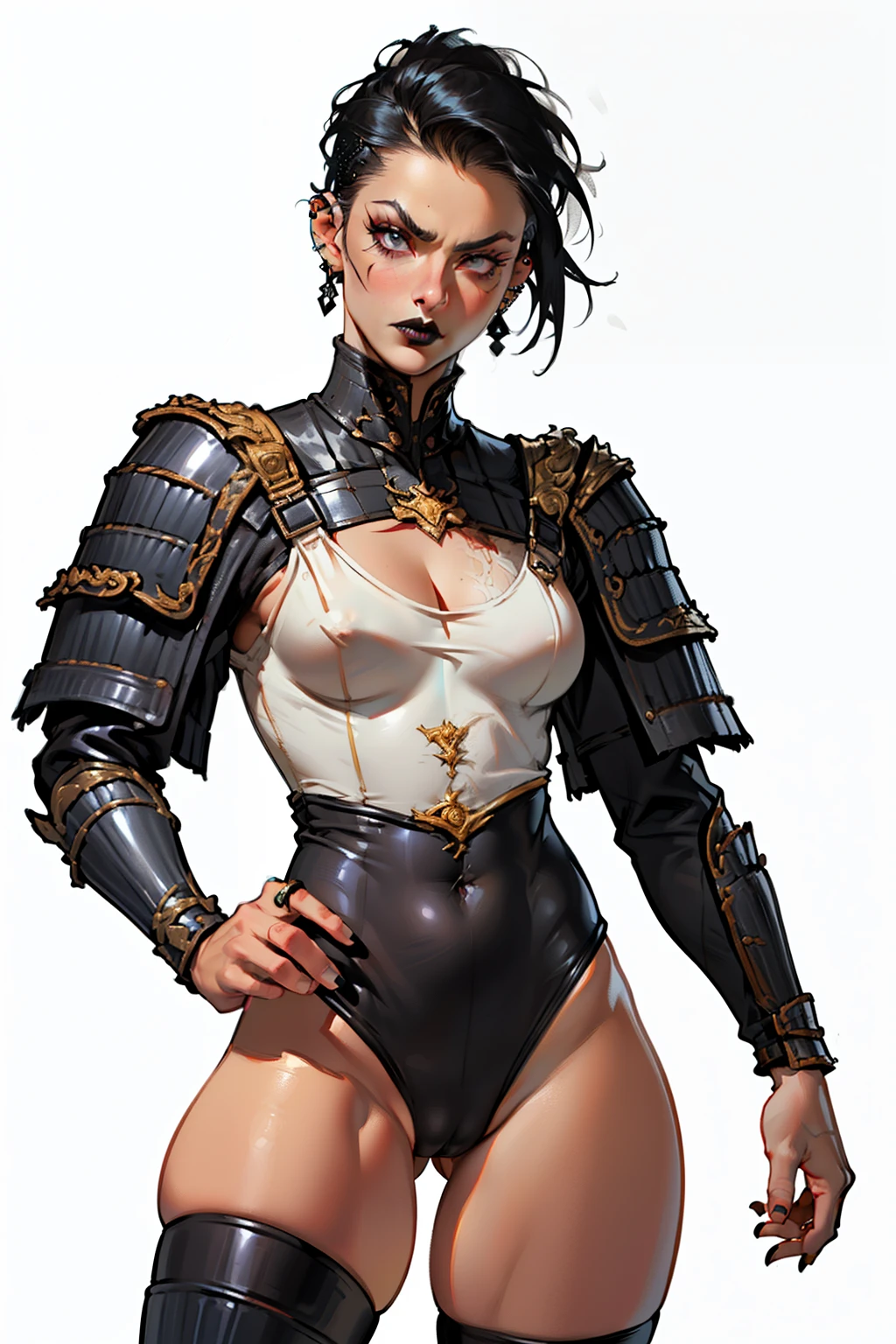 (high resolution, pixel perfect, gorgeous illustrations), (hyper quality, muste piece, etheric: 1.4), ((nsfw)), (((cowboy shot))), face focus, ((1girl)), ((boyish)), (((age girl))), (female savage), (((((open stance))))), cool atmosphere, black hair, (((((very_short_hair, slicked_back_hair))))), (((piercing))), (((lip_piercing, eyelid_piercing, nose_piercing))), Exquisite face, ((angry)), (((gothic makeup))), ((((black_lips)))), (((muscular_female))), (thick thighs, wide hips, small breaighter, (((wh_chi_armor))), (((highleg_leotard_armor see_through))), (((((cameltoe))))), shiny skin, gleaming skin, simple background,