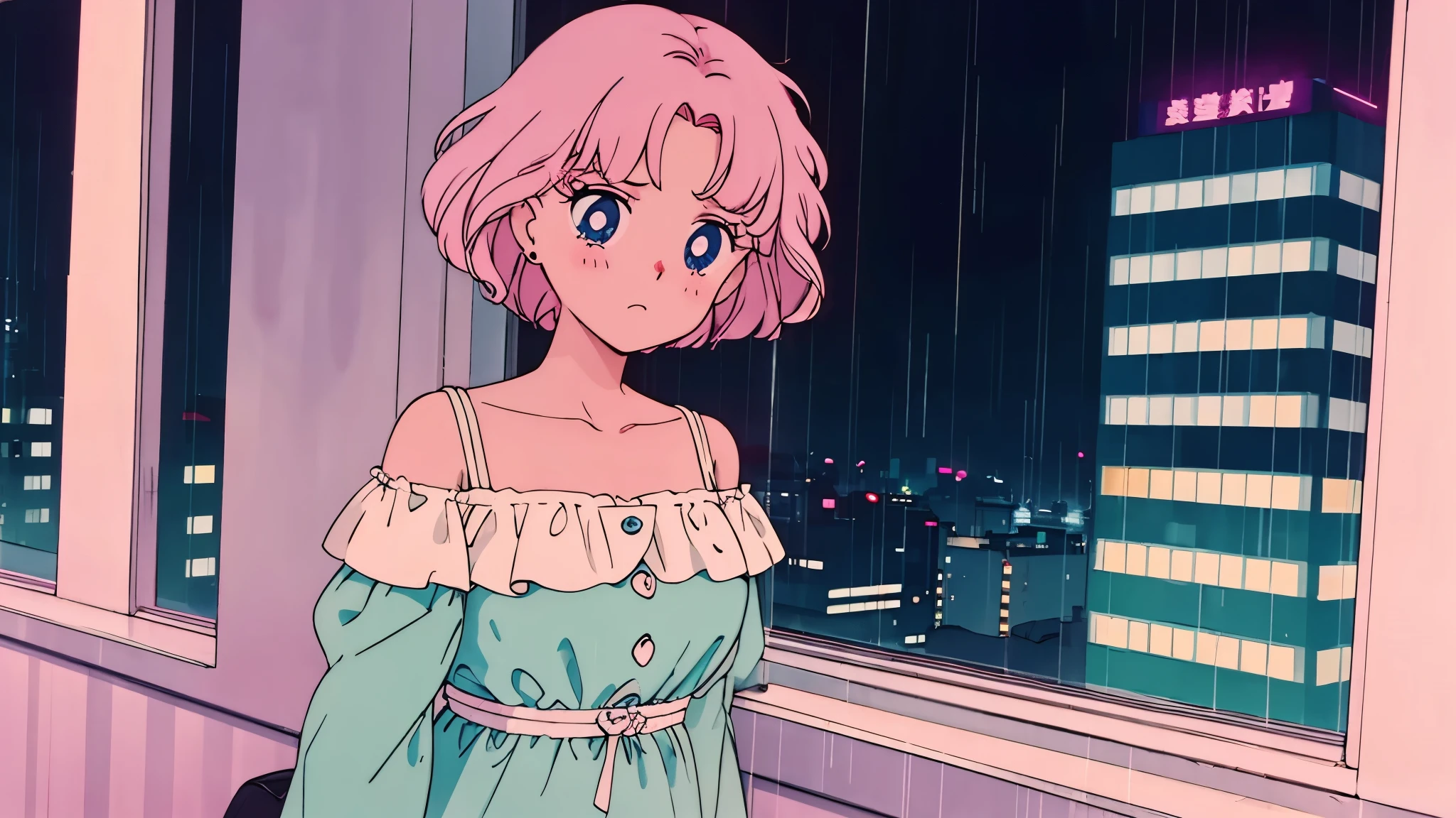Highest quality,girl,cute,Short Bob Hair,Pink Hair,Light blue eyes,Off-the-shoulder dress,Rainy cityscape,night,Looking out the window,Sad face,